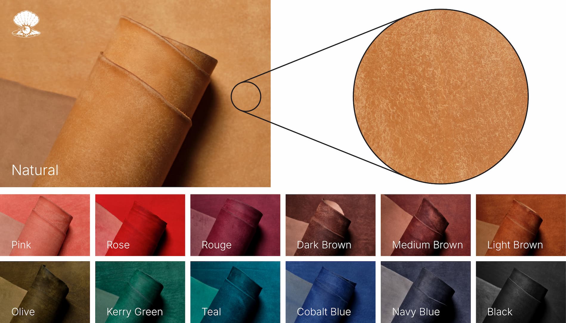 Natural Carlos leather rolled to show its matte, softly abraded surface, with a magnified texture view and swatches of the other 12 colors.